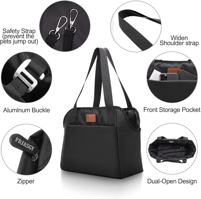 FDJASGY Dog Purse Carrier with Pocket and Safety Tether,Soft-Sided Small Dog Carrier for Small Medium Pet Outdoor Shopping Tote Bag Black