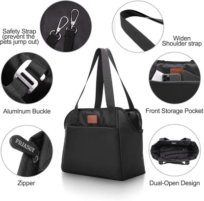 FDJASGY Dog Purse Carrier with Pocket and Safety Tether,Soft-Sided Small Dog Carrier for Small Medium Pet Outdoor Shopping Tote Bag Black