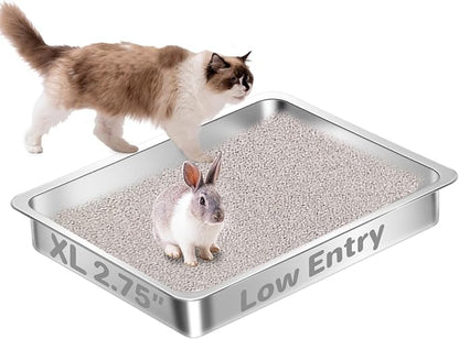 Low Entry Stainless Steel Cat Litter Box for Senior Cats, Large Metal Kitten Shallow Litter Box, Easy Access Kitty Litter Tray-19.68'' Lx 13.78'' W x 2.76'' H