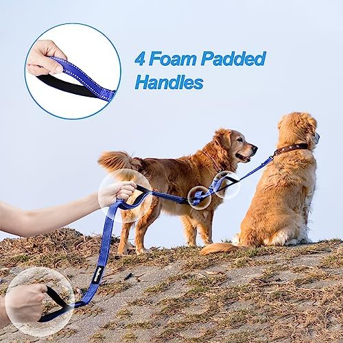 PetBonus Double Dog Leash, No Tangle Dual Leash, Reflective Walking Training Lead, 4 Comfortable Padded Handles for 2 Dogs with Collapsible Bowl and Waste Bags (Blue, Large) - Image 3