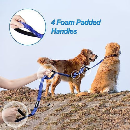 PetBonus Double Dog Leash, No Tangle Dual Leash, Reflective Walking Training Lead, 4 Comfortable Padded Handles for 2 Dogs with Collapsible Bowl and Waste Bags (Blue, Large) - Image 3