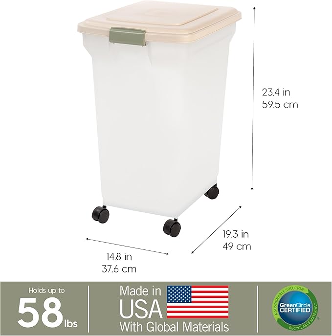 IRIS USA Dog Food Storage Container 58 lbs, Attachable Wheels, for Dog Cat Birds and other Pets, Food Storage Bin, Keep Fresh, Easy Mobility, BPA Free - Made in the USA, Almond/Pearl