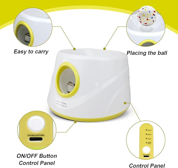 Automatic Dog Ball Launcher with 6 ETPU Balls, White, Adjustable Distance 20-45ft, USB Rechargeable, Interactive Pet Toys (Yellow)