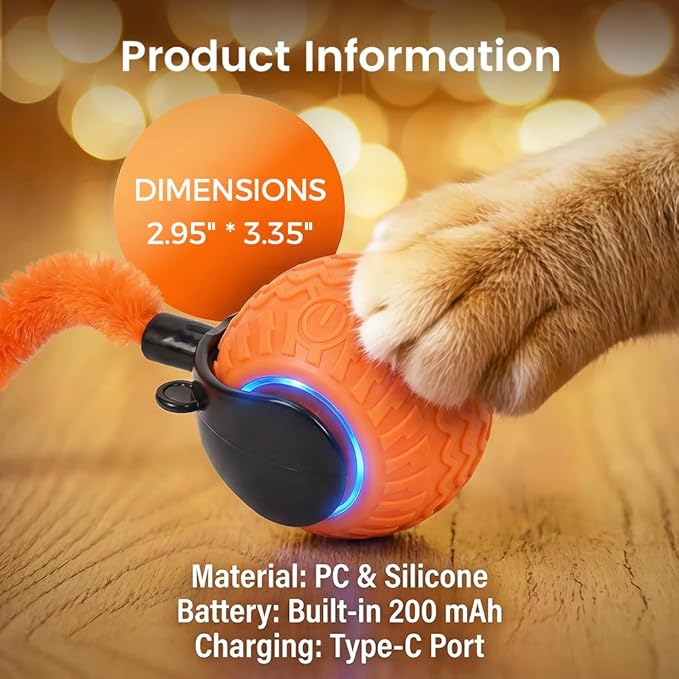 Interactive Toys for Cats, 2026 New Interactive Cat Toy Ball, Automatic Moving Cat Toy for Indoor Use, Rechargeable Feather Tail Cat Toy with Stimulation for Small Medium Large Cats (2 * Orange)
