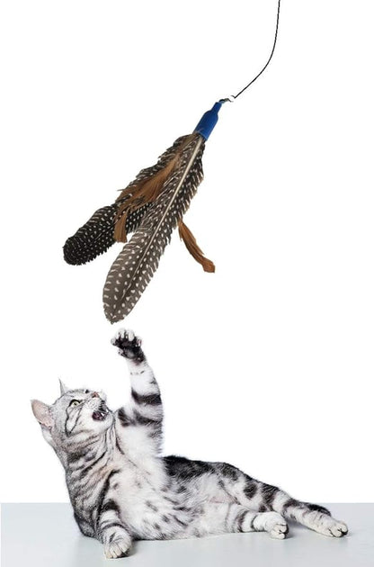 Free Cat Wand Toy with Feather and Bells and Replacement Feathers (24 Pack) Refill for Da Bird GoCat Toy Top Choice Teaser Interactive Play for Kittens All Natural Genuine Guinea Feathers