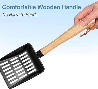Cat Litter Scoop, Metal Litter Scoop, Heavy Duty Metal Cat Scooper for Litter Box, Black Sifter Scoop for Pellets, Wooden Handle Scoop with Hole, Kitty Necessity (Long)