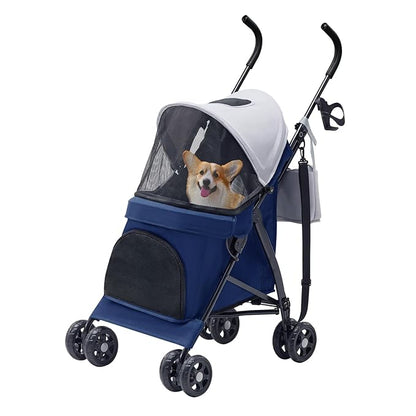 Lightweight 10 lbs Foldable Pet Stroller for Small Dogs & Cats, Easy-Fold Compact, with Adjustable Sun Canopy, Cup Holder, Breathable Mesh, Pad & Storage Bag, Holds 33 lbs, Blue