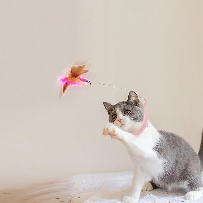 Cat Collar Funny Cat Stick,Interactive Cat Feather Toys with Bell,Cat Teaser Collar Cat Teasing Wand Silicone Collar Interactive Cat Feather Toys for Kitten Play Pink