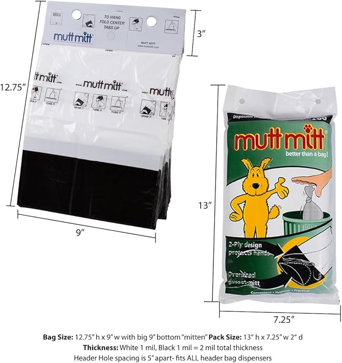 Mutt Mitt® 100 White & Black 2-Ply Dog Waste Bags on 1 Dog Waste Bag Station Header - 300% Thicker than mini roll dog waste bags - no more warm & yuck feeling