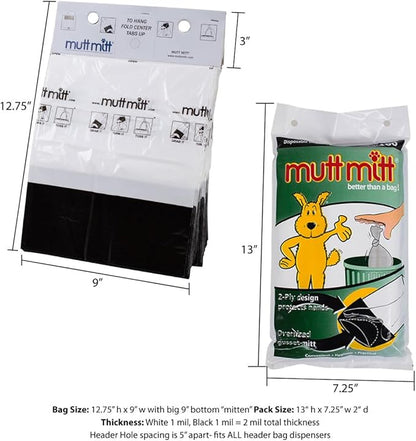 Mutt Mitt® 100 White & Black 2-Ply Dog Waste Bags on 1 Dog Waste Bag Station Header - 300% Thicker than mini roll dog waste bags - no more warm & yuck feeling