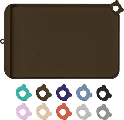 Dog Food Mat, Silicone Pet Feeding Mat With Residue Collection Pocket - Waterproof Bowl Mat for Cats and Dogs, Raised Edges, Hooks, Placemats for Food and Water