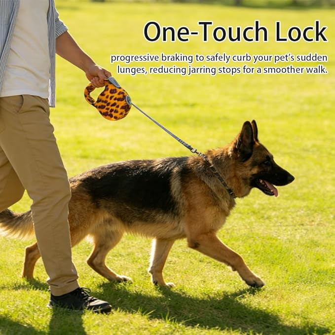 Retractable Dog Leash for Medium & Large Dogs up to 80 lbs, One-Handed Brake, 180kg Strong Nylon Tape, Tangle Free, Anti-Slip Handle (M & L Size) (Leopard Print, L-5M)