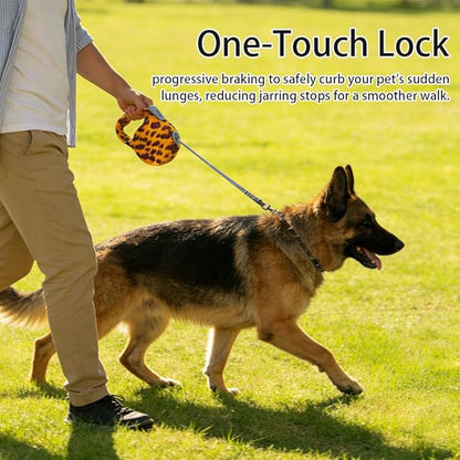 Retractable Dog Leash for Medium & Large Dogs up to 80 lbs, One-Handed Brake, 180kg Strong Nylon Tape, Tangle Free, Anti-Slip Handle (M & L Size) (Leopard Print, L-5M)