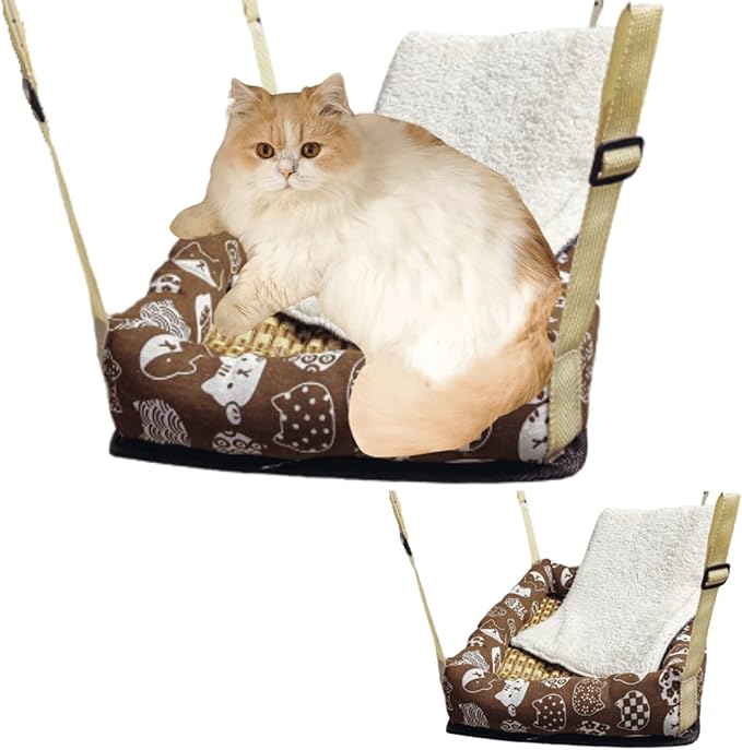 Hanging Cat Bed with Rattan Mat and Cotton Pad Cat Swing Hammock for Cage Kitten Cage Pet Hammock Ferret Bed Desk Accessories Indoor Hanging Bed Kitten Puppy Rabbit Bunny (Rectangle-Coffee,Large)