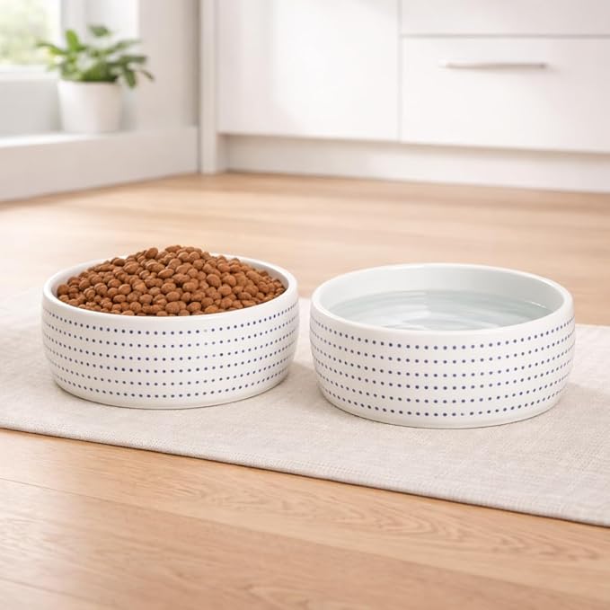 Pearhead Ceramic Dog Bowl – Modern Blue Dot Stoneware Pet Food & Water Bowl for Small Dogs, Weighted Non-Plastic Dog Feeding Dish, Small/Medium 2.25 Cups/ 18 oz