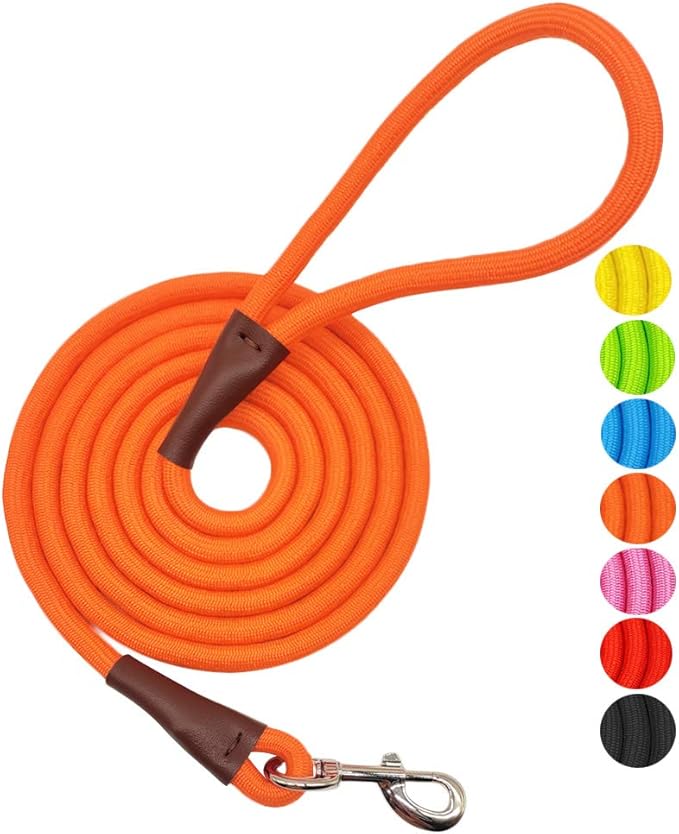 MayPaw 10 FT Dog Leash, Classic Solid Colors, 1/2" Strong Nylon Rope Dog Leash Reinforced with Leather Tailor Connection Heavy Duty Silver Clasp (10ft*1/2", Orange)