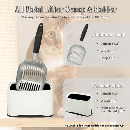 Heavy Duty Cat Litter Scoop with Holder - All Metal Cat Litter Scooper with Holder - Speed Sifter Litter Box Scooper Captures All Clumps - Aluminum Cats Litter Scooper