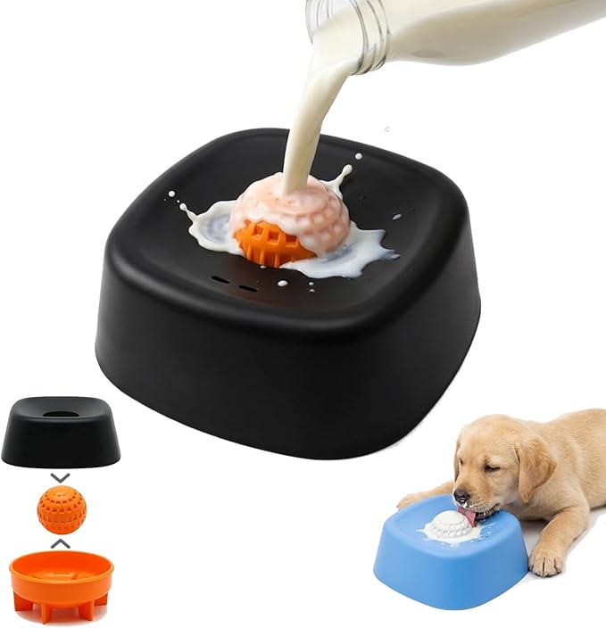 Slow Feeder Dog Bowl with Rolling Ball for Liquid Treats (1pc-Black)