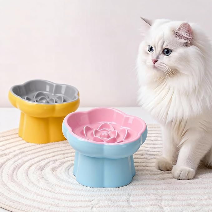 Cat Slow Feeder Flower-Shaped Ceramic Slow Feeder Cat Bowl, Tilted Raised Cat Slow Feeder Bowl for Whisker Relief, Prevents Vomiting & Bloating, Non-Slip Base