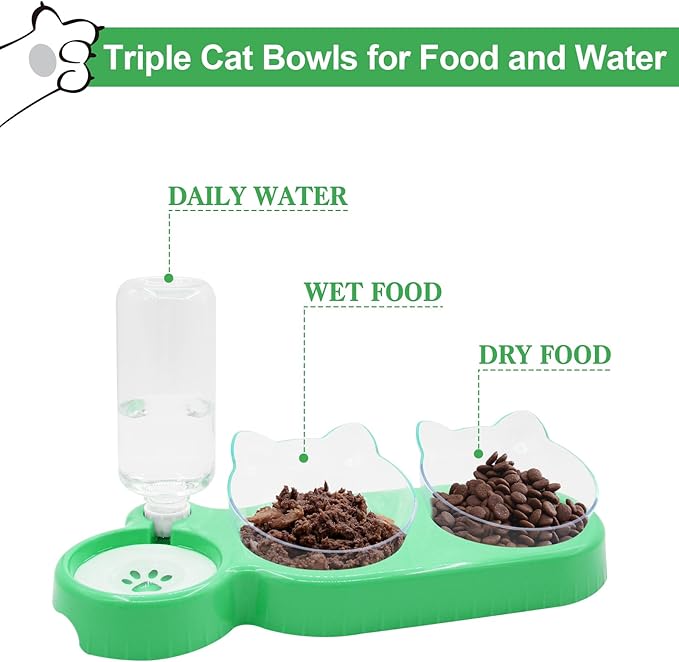 Triple Cat Bowls with Water Dispenser, Pet Whisker Friendly Water and Food Bowl Set with Non-Slip Mat, 15° Tilted Double Feeding Bowls, Elevated Wet and Dry Food Dish for Kitten&Small Dog (Mint)