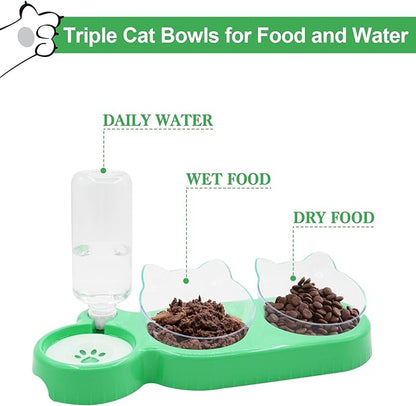 Triple Cat Bowls with Water Dispenser, Pet Whisker Friendly Water and Food Bowl Set with Non-Slip Mat, 15° Tilted Double Feeding Bowls, Elevated Wet and Dry Food Dish for Kitten&Small Dog (Mint)
