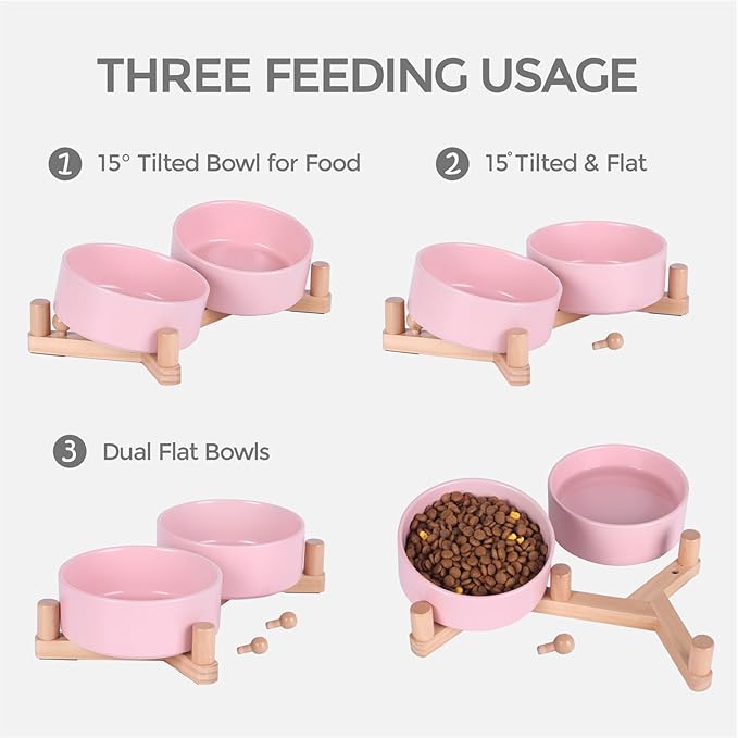 Ceramic Dog Bowl and Cat Bowls Set with 15° Adjustable Wood Stand, Non-Slip Weighted Pet Food and Water Bowls, Dual Raised Feeder for Small Dogs, Matte Glaze Pet Dish 13.5oz Set of 2 (Soft Pink)