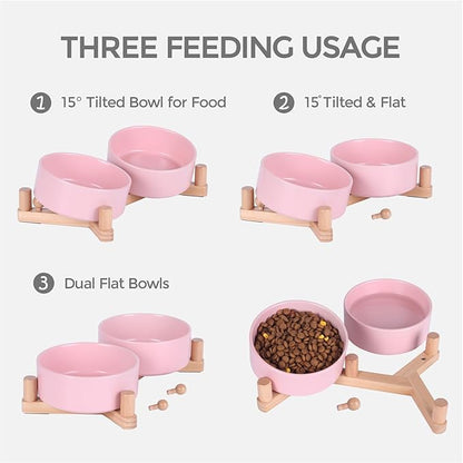 Ceramic Dog Bowl and Cat Bowls Set with 15° Adjustable Wood Stand, Non-Slip Weighted Pet Food and Water Bowls, Dual Raised Feeder for Small Dogs, Matte Glaze Pet Dish 13.5oz Set of 2 (Soft Pink)