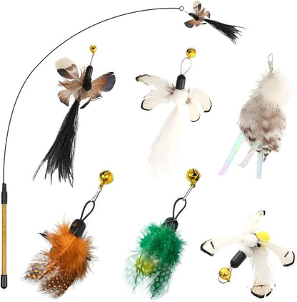 Hokaad Cat Insect Feather Toys - Feather Wand & 6 Natural Insect Refills - Interactive Cat Teaser with Bell