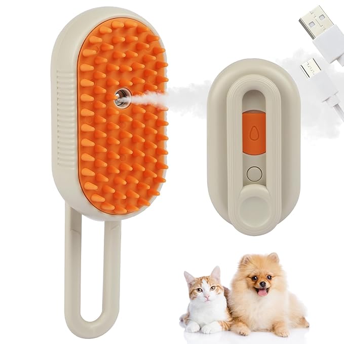 4 in 1 Cat Steam Brush for Shedding, Portable Anti-Static Grooming Comb for Cats & Dogs, Steam Misting Water Brush, Self-Cleaning Pet Hair Remover, Indoor Cat Spray Brushes for Cats & Dogs
