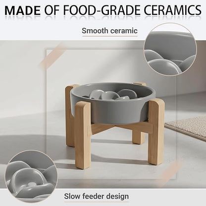 Petygooing Elevated Slow Feeder Ceramic Dog Bowls 8.26in, Slow Feeder Elevated Bowl for Small&Medium, Ceramic Slow Feeder Heavy Weighted Non-Toxic Non-Slip Puzzle Maze (Gray, 8.26in)