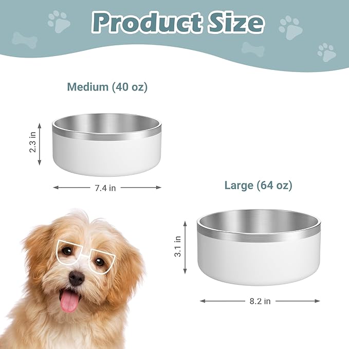 LIANLAI Stainless Steel Dog Bowls, Rust-Resistant Pet Bowls, Non Slip Dog Water Bowl, Versatile Feeding Bowls (White，64 oz)