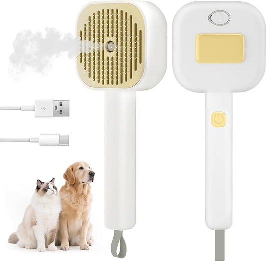 4 in 1 Cat Steam Brush - Self Cleaning Pet Steam Brush for Cat & Dog - Cat Brushes for Shedding with Quiet Motor - Elimination Flying Hair - Keep Your Clothes & Home Clean, White-Yellow