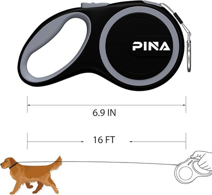 PINA Retractable Dog Leash, 16ft Dog Leash for Small Medium Dogs Up to 44lbs, 360° Tangle-Free Strong Reflective Nylon Tape, with Anti-Slip Handle, One-Handed Brake, Lock - Black Gray