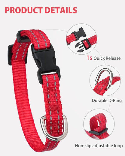 Joytale Puppy Collar, Feather-Light Double-Sided Reflective Nylon Collar for Night Safety, Adjustable Quick-Release for Extra Small Dogs, Red, XS (3/8" Width)