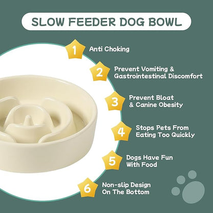 Ceramic 0.9 Cup Raised Dog Slow Feeder Set, Elevated Bowl with Wooden Stand for Small Dog and Cat, 6.1inch Puzzle Slow Dog Food Dish, Anti-Gulping(Light Yellow, Single Bowl+ Stand)