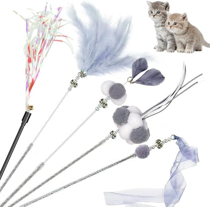 Cat Wand Toys, 5Pcs Interactive Kitten Feather Wand Toys for Bored Indoor Cats, Cat Teaser Wand with Bell and Crinkly Paper, Grey