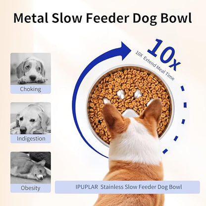 Slow Feeder Dog Bowls, 304 Stainless Steel Metal Slow Feeder Dog Bowl, Suction Cup Anti Flip,2X Non-Slip,2-4 Cups, for Small & Medium Breed（Weighs 0.45 pounds）