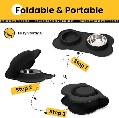 Dog Bowls with Silicone Feeding Mat, No Spill Food Water Dish Set, Dishwasher Safe, 2 Stainless Steel Puppy Bowls, Suitable for Tiny Dogs Kittens Cats Rabbits Pets under 8lbs, Extra Small,Black