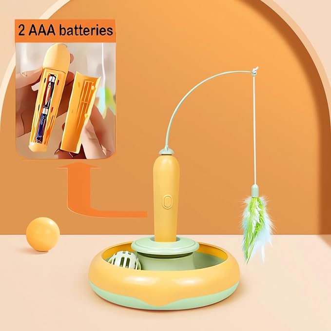 Interactive Cat Toys for Bored Indoor Cats, Automatic Cat Toy 3-in-1 Smart Teaser Wand Featuring Spinning Feather&Rolling Ball Track,Cats Dancer Toy Stimulates Hunting Instincts,Weight Control，Yellow