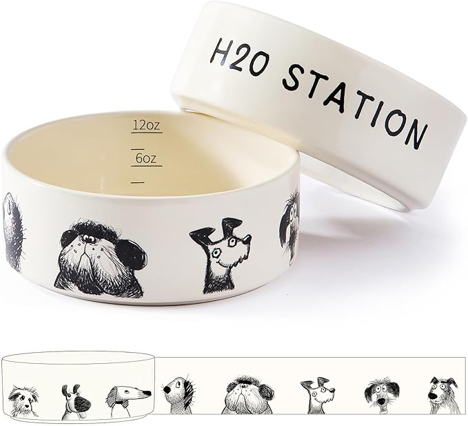 Ceramic Dog and Cat Bowl Set of 2 with Weighted Non-Slip Ring-1.6 Cups, Stoneware Food and Water Set, Pet Feeding, Microwave and Dishwasher Safe-Derpy-S 2pcs
