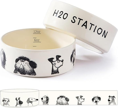 Ceramic Dog and Cat Bowl Set of 2 with Weighted Non-Slip Ring-1.6 Cups, Stoneware Food and Water Set, Pet Feeding, Microwave and Dishwasher Safe-Derpy-S 2pcs