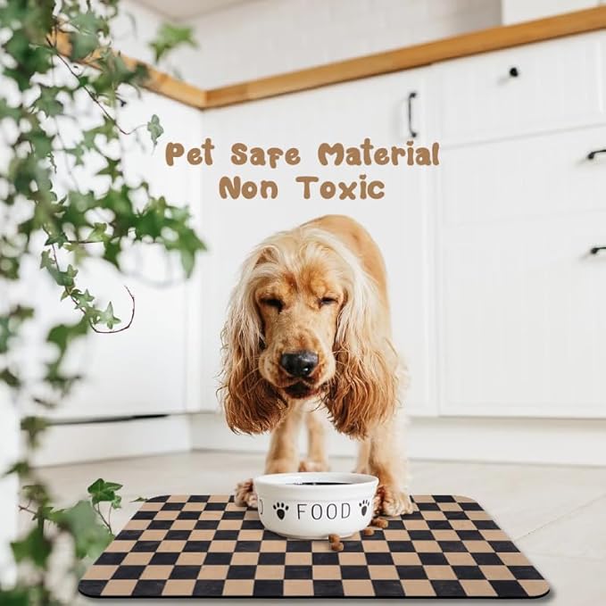 Dog Food Mats for Floors Waterproof, Pet Water Bowl Mats Pet Feeding Absorbent Placemats Plaid 17 * 30 inch