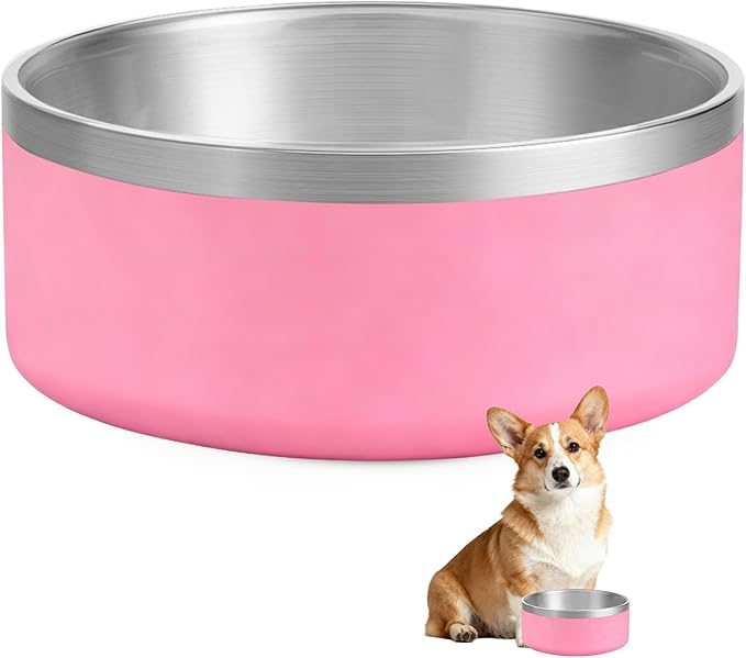 Dog Bowl, Stainless Steel Dog Bowls for Food and Water, Metal Pet Feeding Bowl with Insulated Non-Slip Quiet Bottom, Easy to Clean, Dishwasher Safe, 32oz,4 Cup | Pink