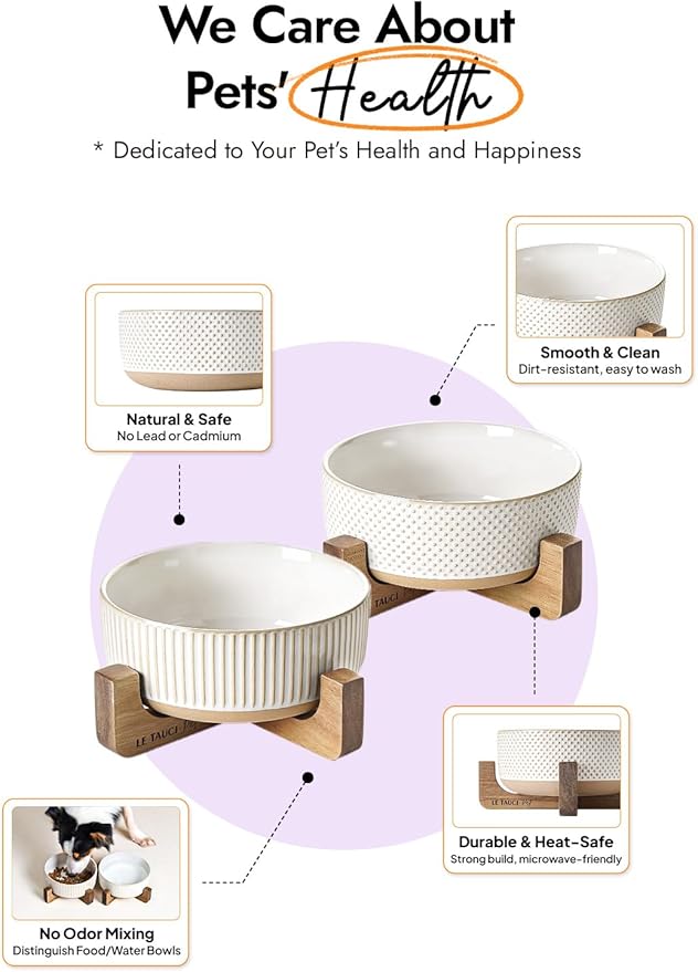 LE TAUCI PET Ceramic Dog Bowls for Medium Large Dogs - 5 Cup Large Dog Food and Water Bowls with Wood Stand, Cute Pet Dishes Set of 2, Lines+Dot