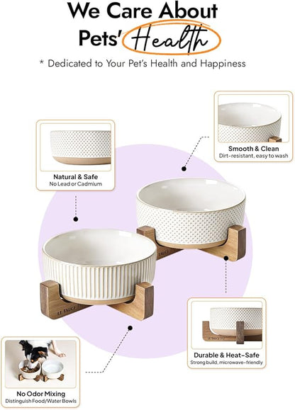 LE TAUCI PET Ceramic Dog Bowls for Medium Large Dogs - 5 Cup Large Dog Food and Water Bowls with Wood Stand, Cute Pet Dishes Set of 2, Lines+Dot