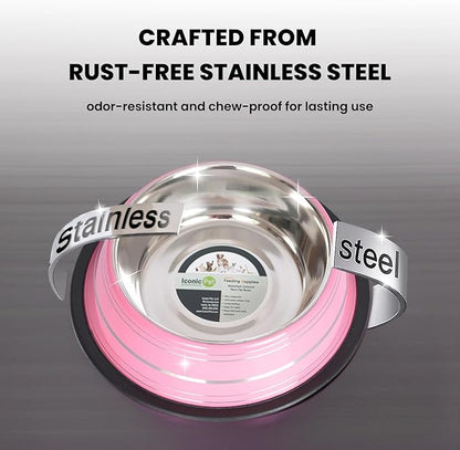 Iconic Pet Color Splash Stripe Non-Skid Stainless Steel Dog & Cat Bowl - Pink, 24 Oz, 3 Cup, Durable, Easy to Clean, Anti-Slip Feeding Dish for Food & Water, Stylish Design for Dogs and Cats
