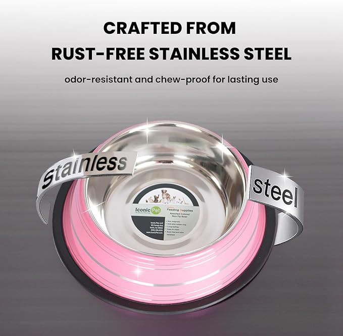 Iconic Pet 3 Cup/24 Oz Elegant Stainless Steel Color Splash Food/Water Bowl with Non Skid, Noise Free, Removable Rubber Ring - Dog/ Cat Feeding Bowl In color shade, Dishwasher Safe - Pink, 2 Bowls
