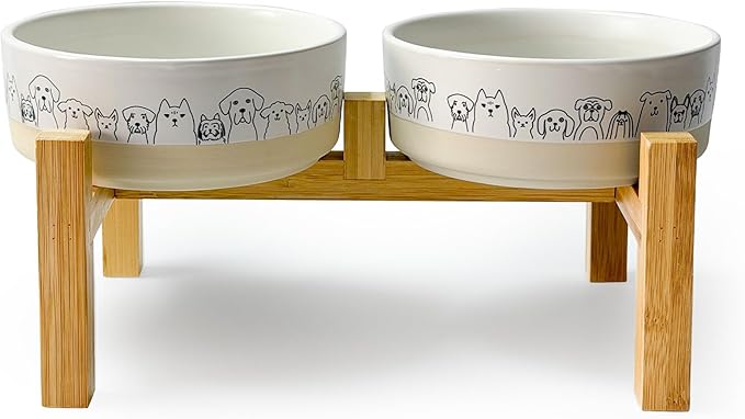 Elevated Ceramic Dog Bowls with Wooden Stand，6.1inch Raised Dog Bowls with Cute Pattern for Small and Medium Breed Dogs,2 Pack Dogs Food and Water Bowl Set,Weighted Pet Dishes Dishwasher Safe