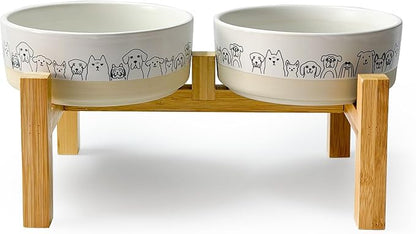 Elevated Ceramic Dog Bowls with Wooden Stand，6.1inch Raised Dog Bowls with Cute Pattern for Small and Medium Breed Dogs,2 Pack Dogs Food and Water Bowl Set,Weighted Pet Dishes Dishwasher Safe