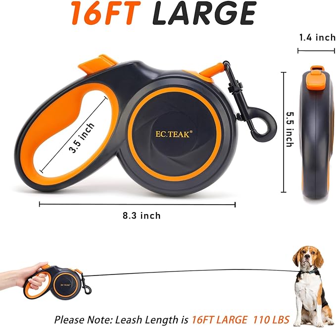 Retractable Dog Leash, Great Leash Retractable for Small/Medium/Large Dogs up to 110 lbs, Strong Nylon Tape, Tangle Free, One-Hand Brake